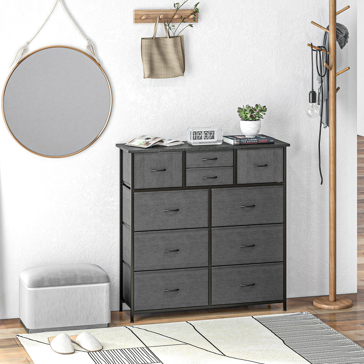 Wooden Chest Of 10 Fabric Drawers 100cm Wide With Steel Frame - Velmora