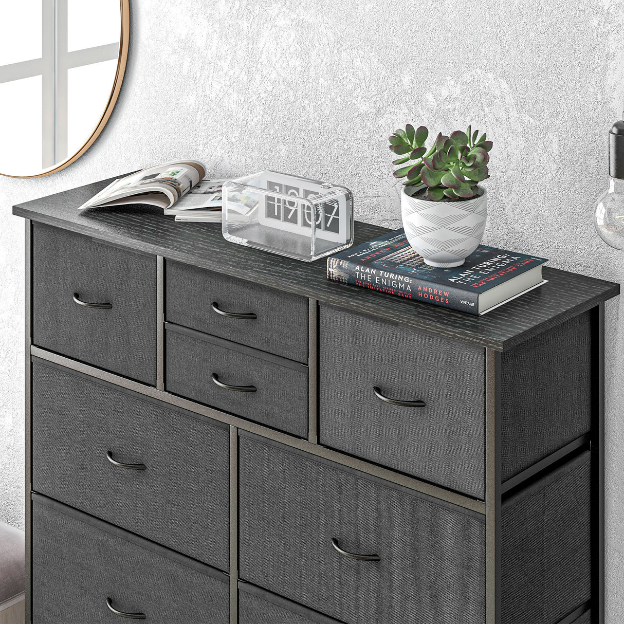Wooden Chest Of 10 Fabric Drawers 100cm Wide With Steel Frame - Velmora