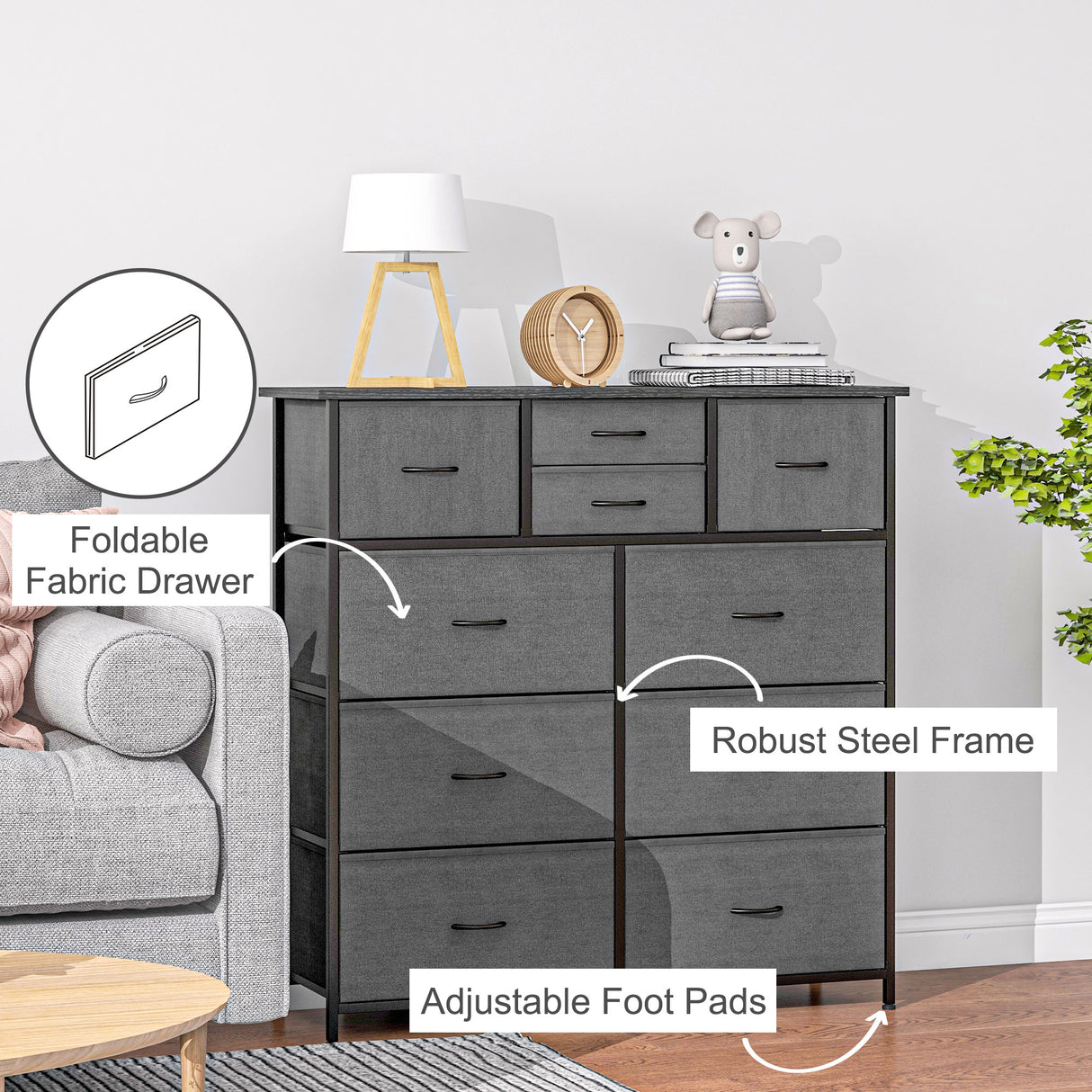 Wooden Chest Of 10 Fabric Drawers 100cm Wide With Steel Frame - Velmora