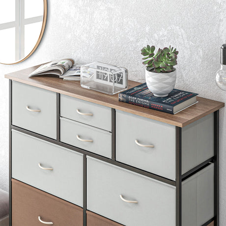 Wooden Chest Of 10 Fabric Drawers 100cm Wide With Steel Frame - Velmora