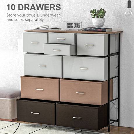 Wooden Chest Of 10 Fabric Drawers 100cm Wide With Steel Frame - Velmora