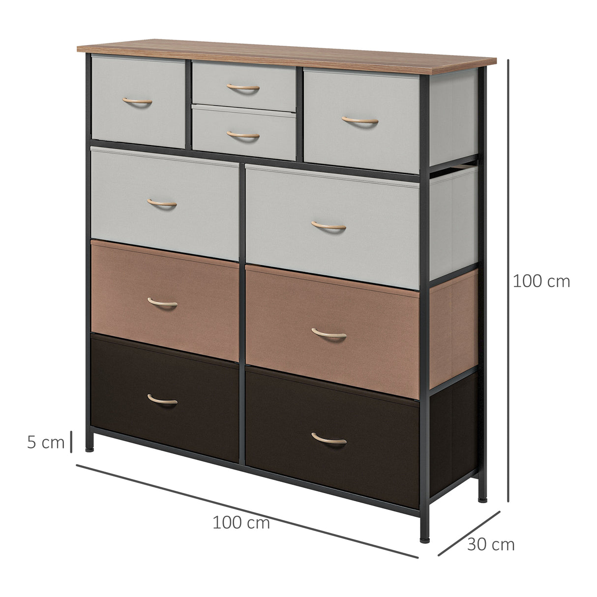 Wooden Chest Of 10 Fabric Drawers 100cm Wide With Steel Frame - Velmora
