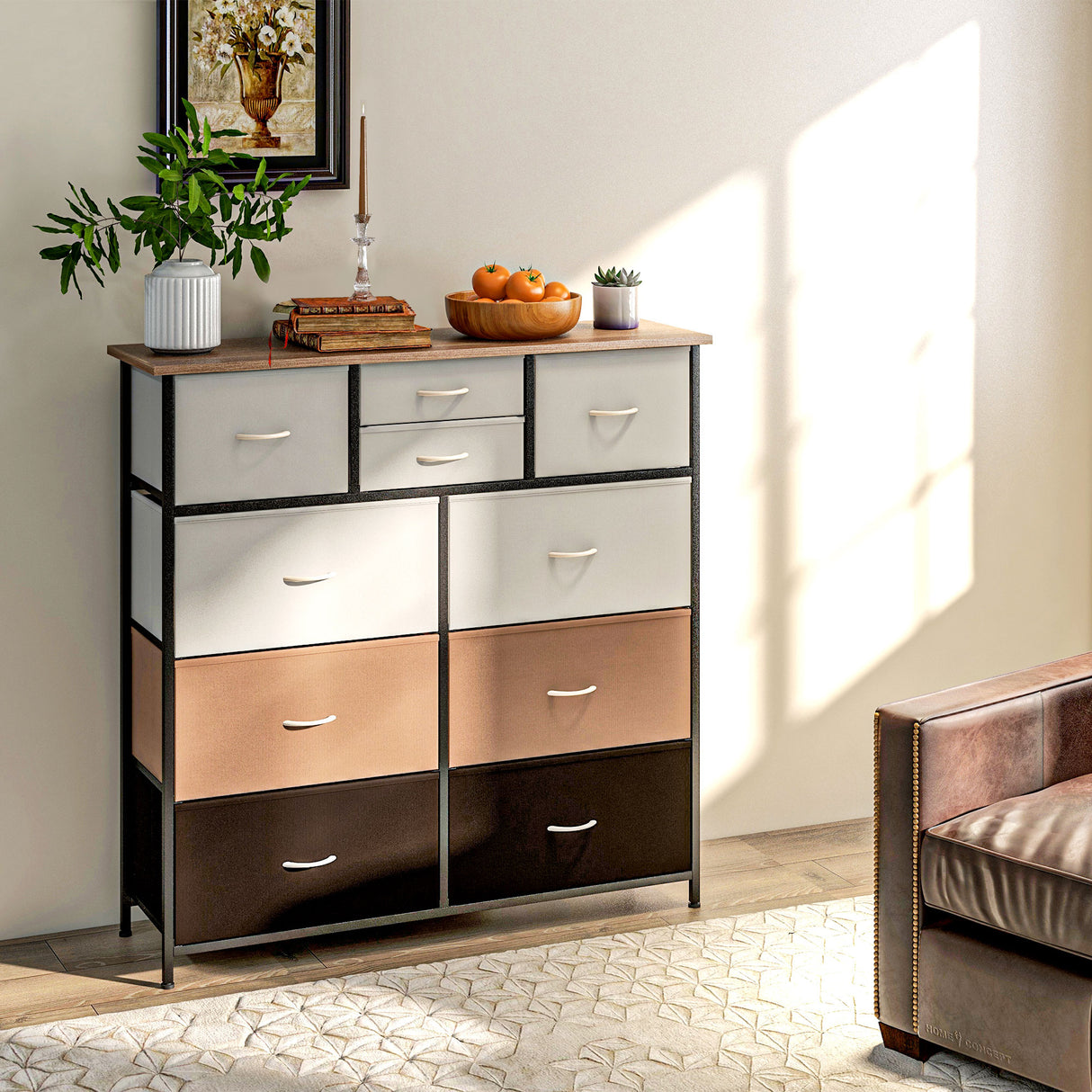 Wooden Chest Of 10 Fabric Drawers 100cm Wide With Steel Frame - Velmora