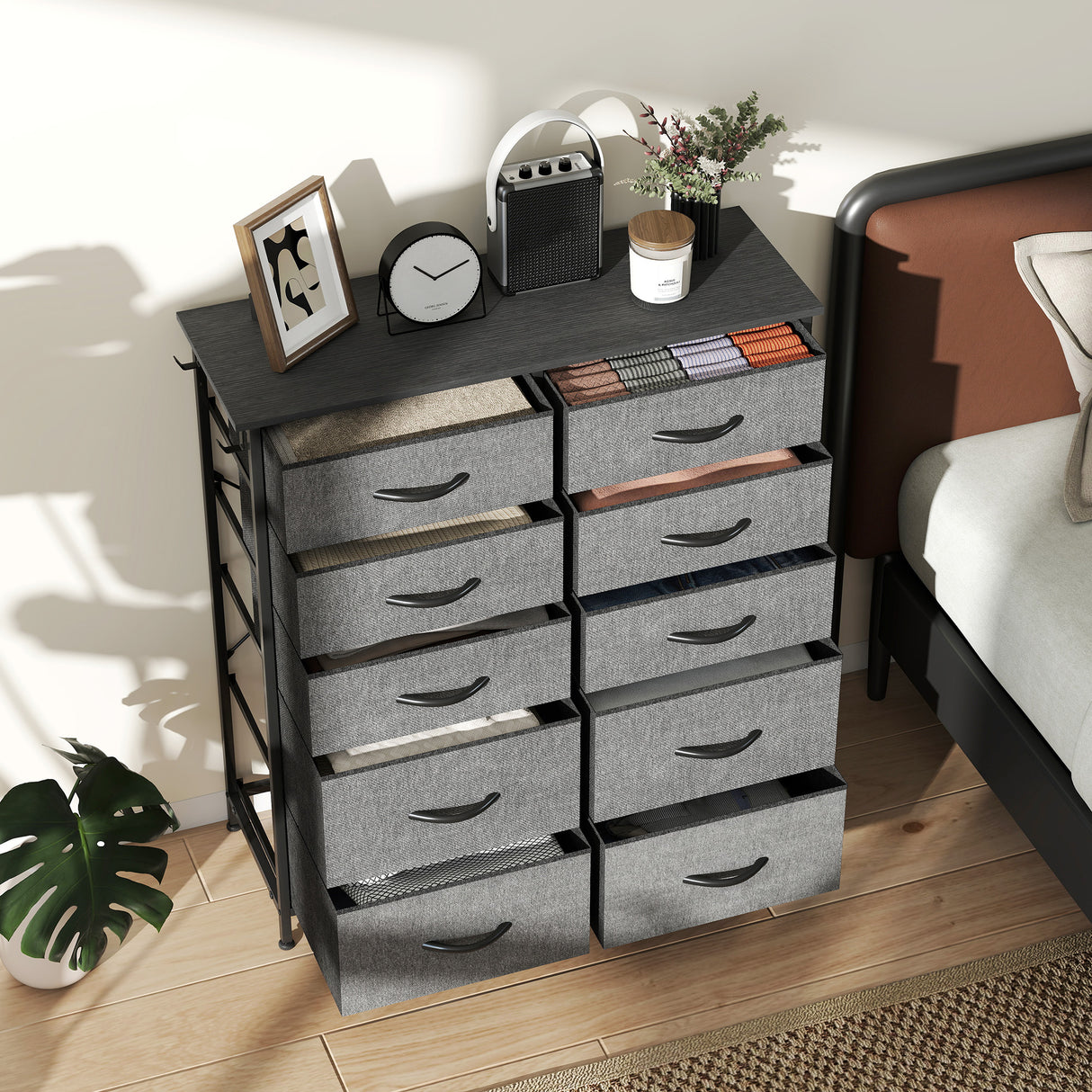 Wooden Chest Of 10 Fabric Drawers 86cm Wide With Steel Frame - Velmora