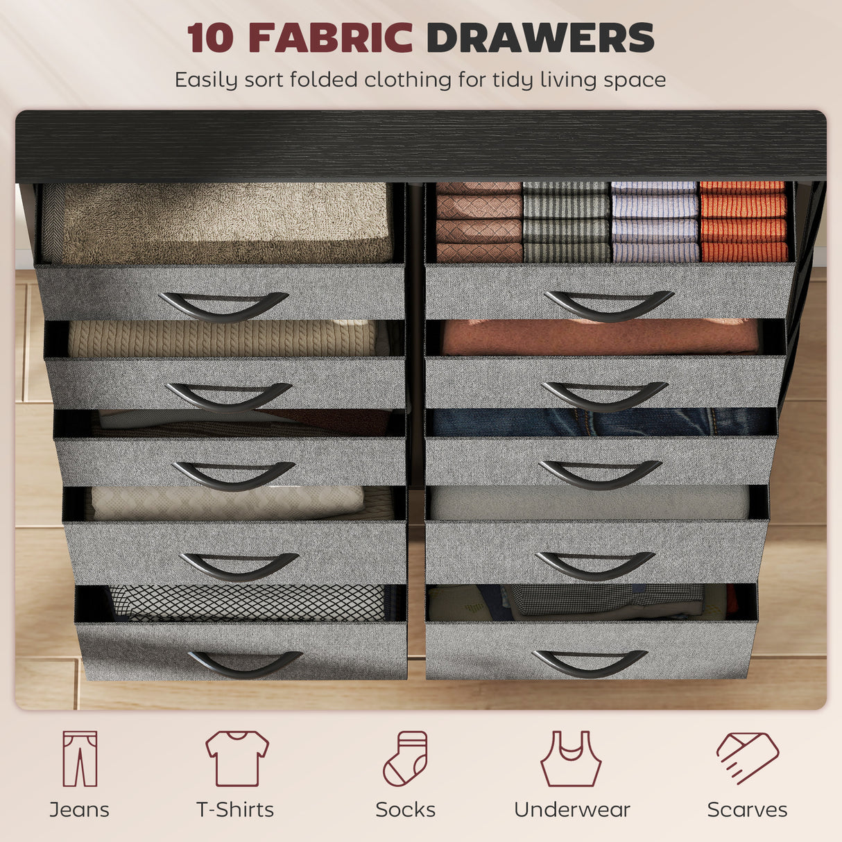 Wooden Chest Of 10 Fabric Drawers 86cm Wide With Steel Frame - Velmora