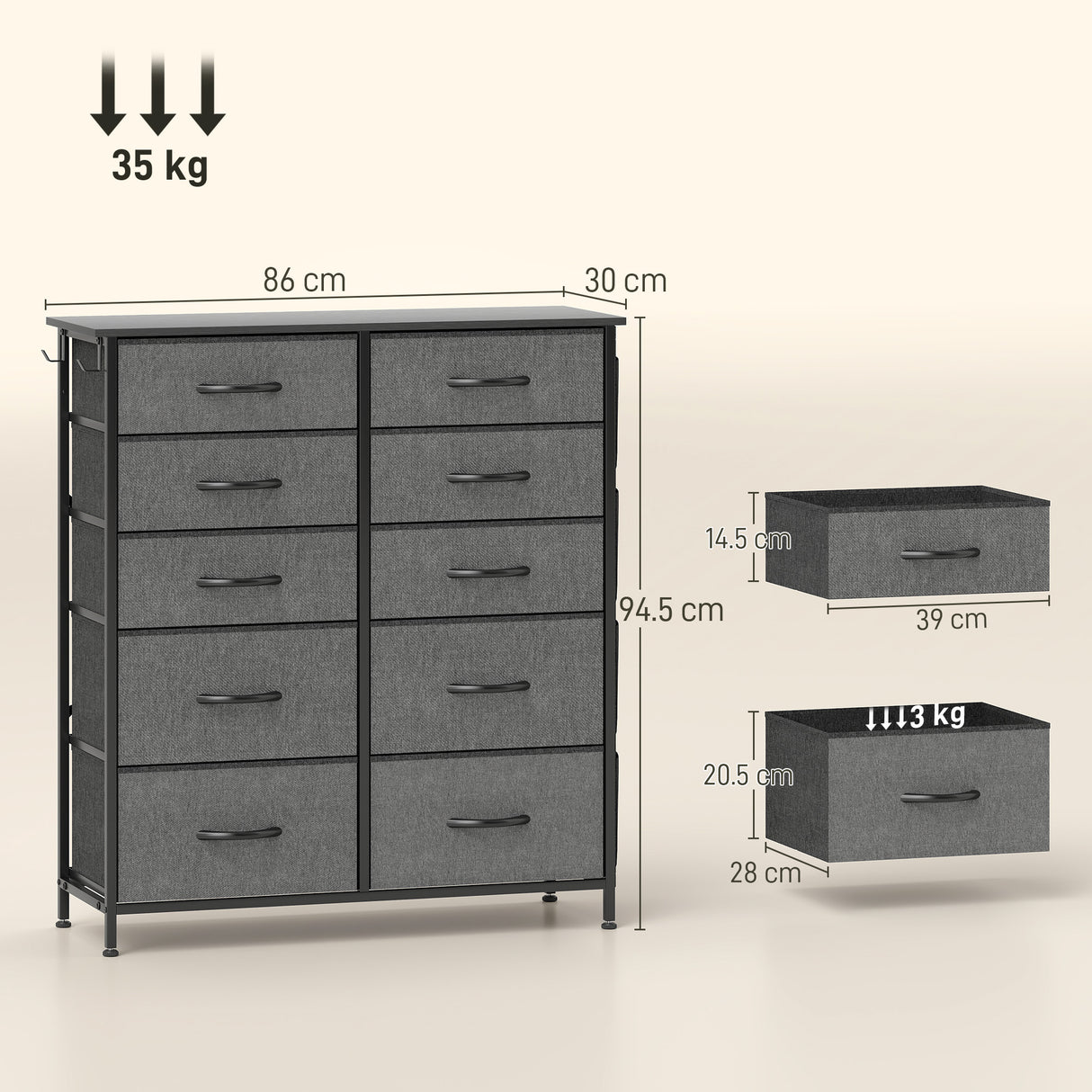 Wooden Chest Of 10 Fabric Drawers 86cm Wide With Steel Frame - Velmora
