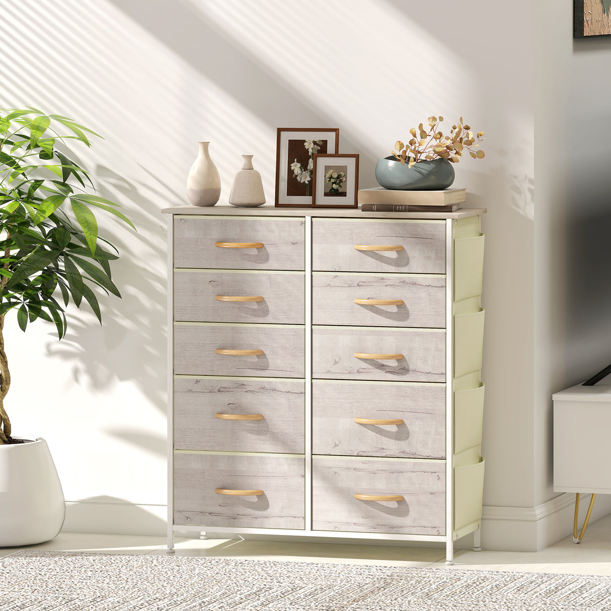 Wooden Chest Of 10 Fabric Drawers 86cm Wide With Steel Frame - Velmora