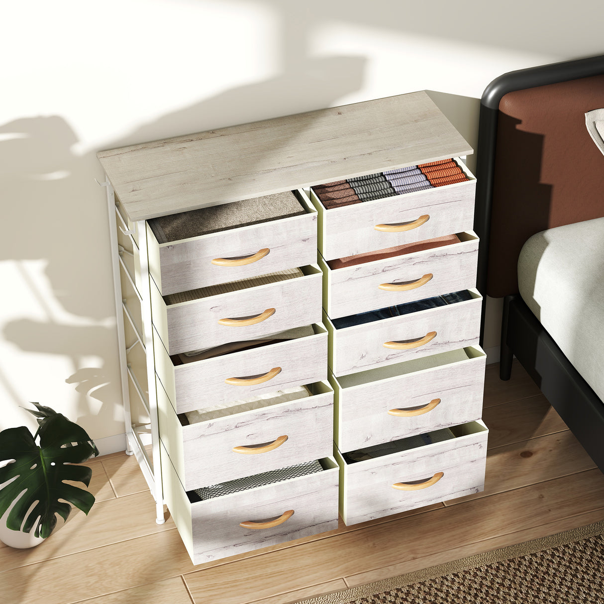 Wooden Chest Of 10 Fabric Drawers 86cm Wide With Steel Frame - Velmora
