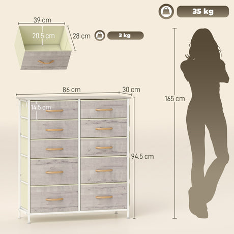 Wooden Chest Of 10 Fabric Drawers 86cm Wide With Steel Frame - Velmora