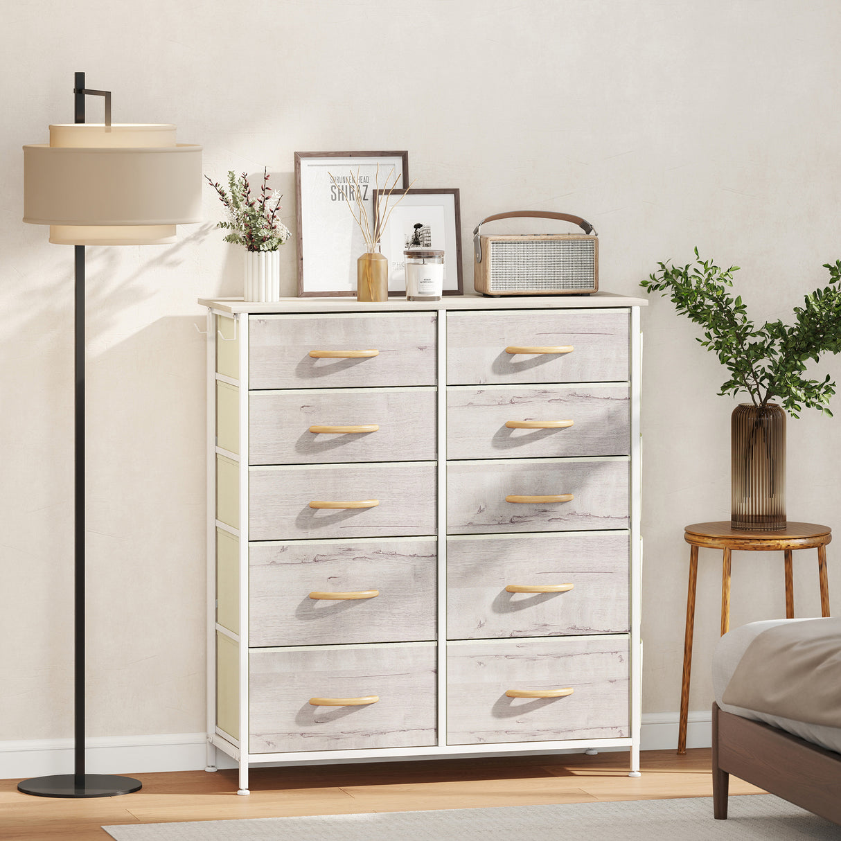 Wooden Chest Of 10 Fabric Drawers 86cm Wide With Steel Frame - Velmora