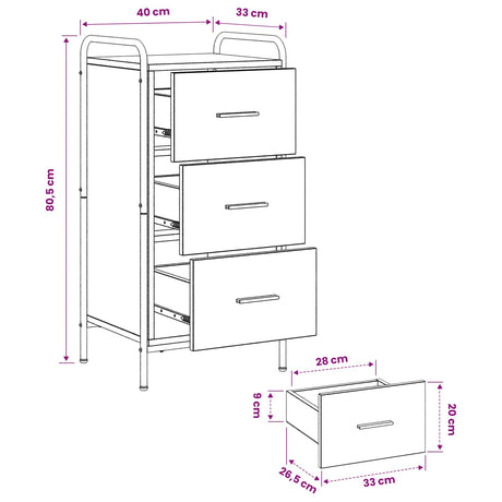 Wooden Chest Of 3 Drawers 40cm Wide With Steel Frame - Vantage Home