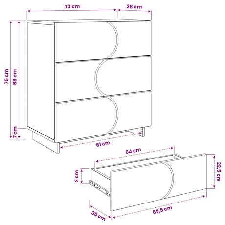 Wooden Chest Of 3 Drawers 70cm Wide - Vantage Home