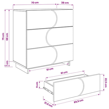 Wooden Chest Of 3 Drawers 70cm Wide - Vantage Home
