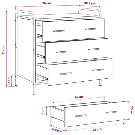 Wooden Chest Of 3 Drawers 70cm Wide With Steel Frame - Vantage Home