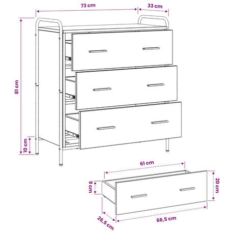 Wooden Chest Of 3 Drawers 73cm Wide With Steel Frame - Vantage Home