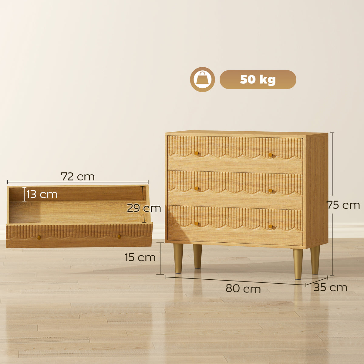 Wooden Chest Of 3 Drawers 80cm Wide With Steel Legs - Velmora