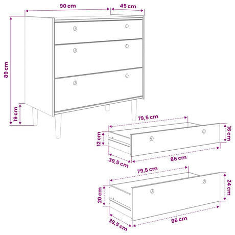 Wooden Chest Of 3 Drawers 90cm Wide - Bilbao