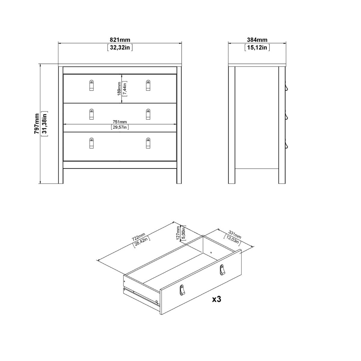 Wooden Chest Of 3 Drawers - Madrid