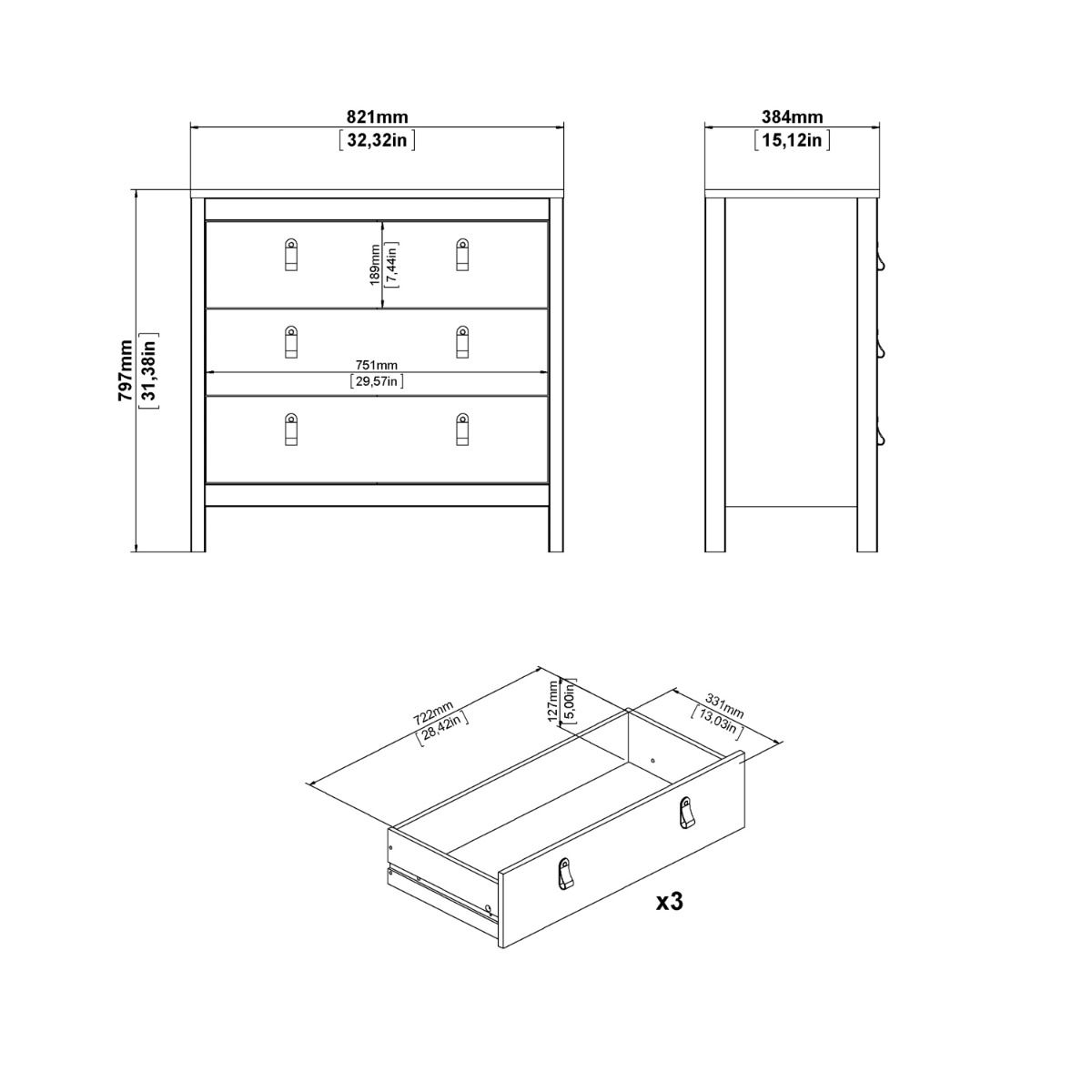 Wooden Chest Of 3 Drawers - Madrid