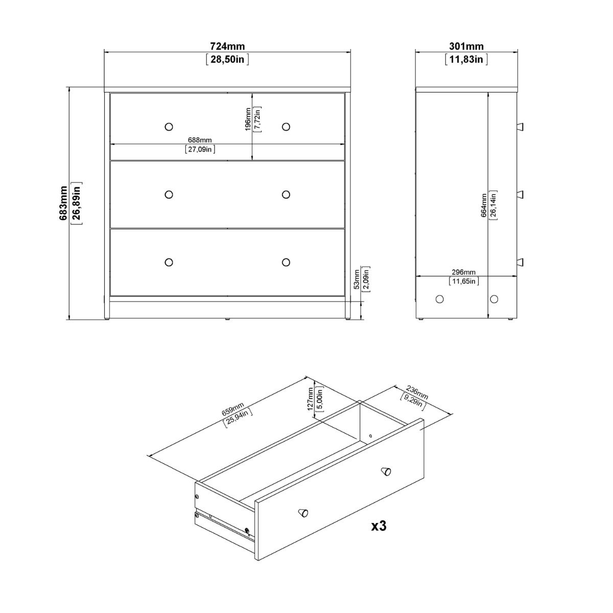 Wooden Chest Of 3 Drawers - May