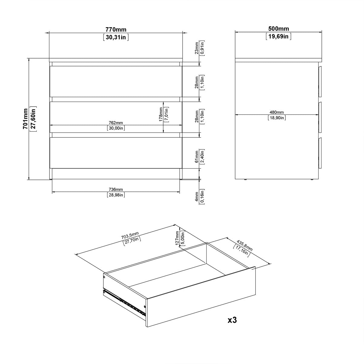 Wooden Chest Of 3 Drawers - Naia