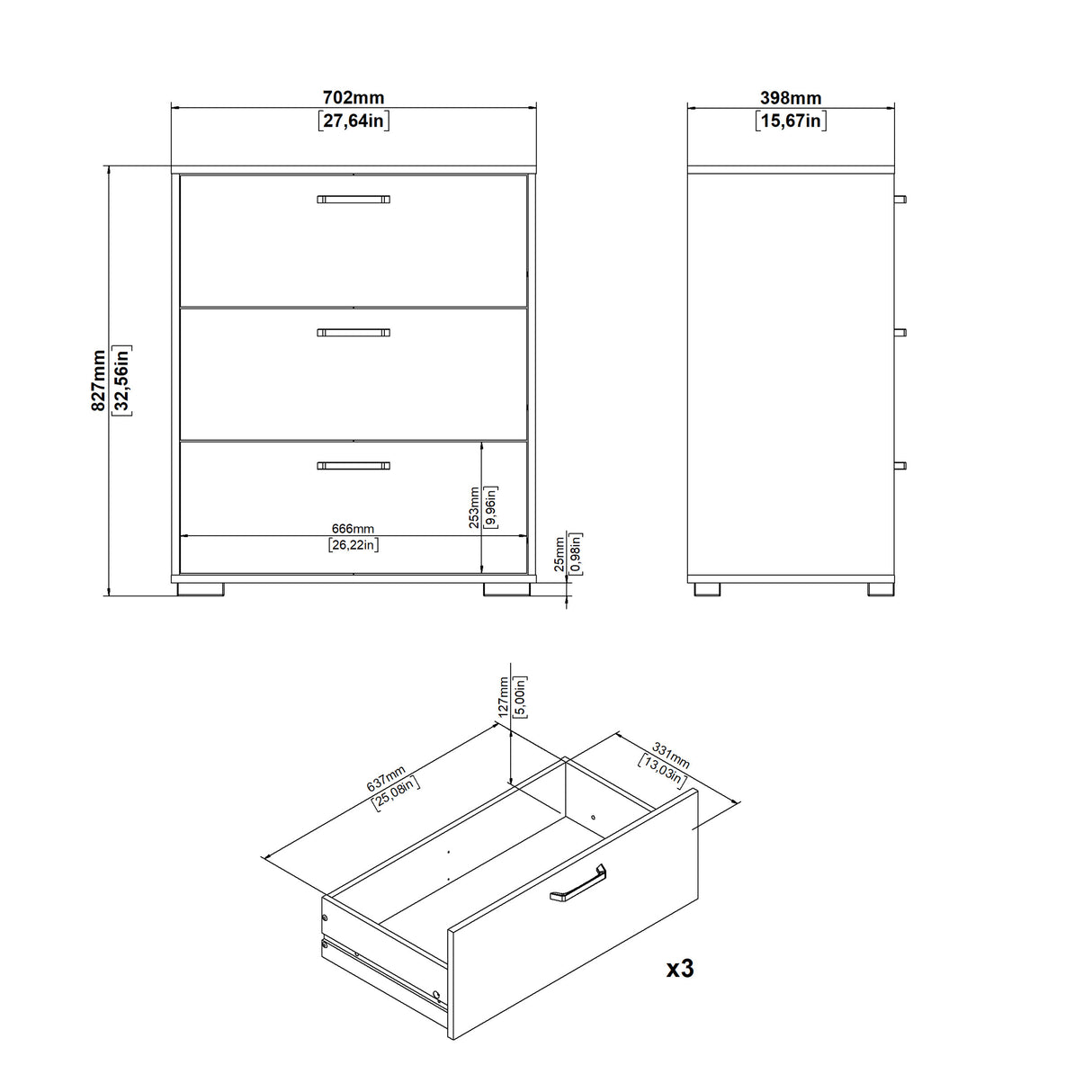 Wooden Chest Of 3 Drawers - Sofia