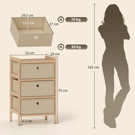 Wooden Chest Of 3 Fabric Drawers 33cm Wide - Velmora