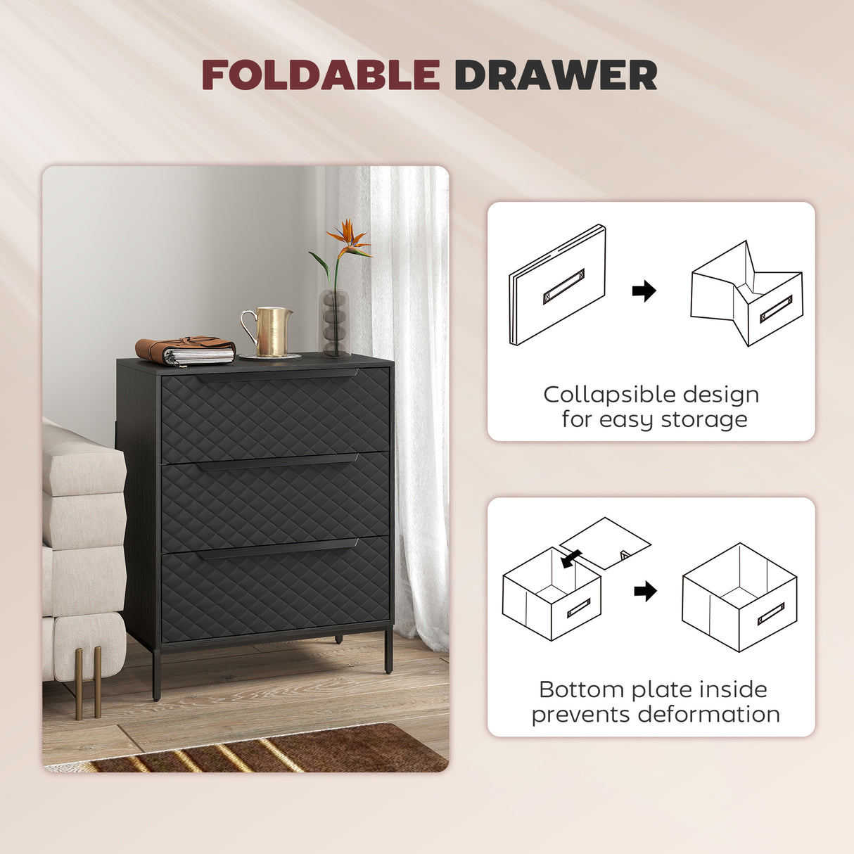 Wooden Chest Of 3 Fabric Drawers 59.5cm Wide - Velmora