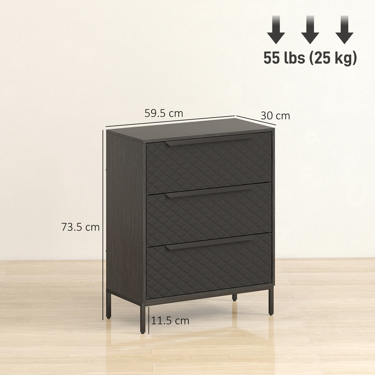 Wooden Chest Of 3 Fabric Drawers 59.5cm Wide - Velmora