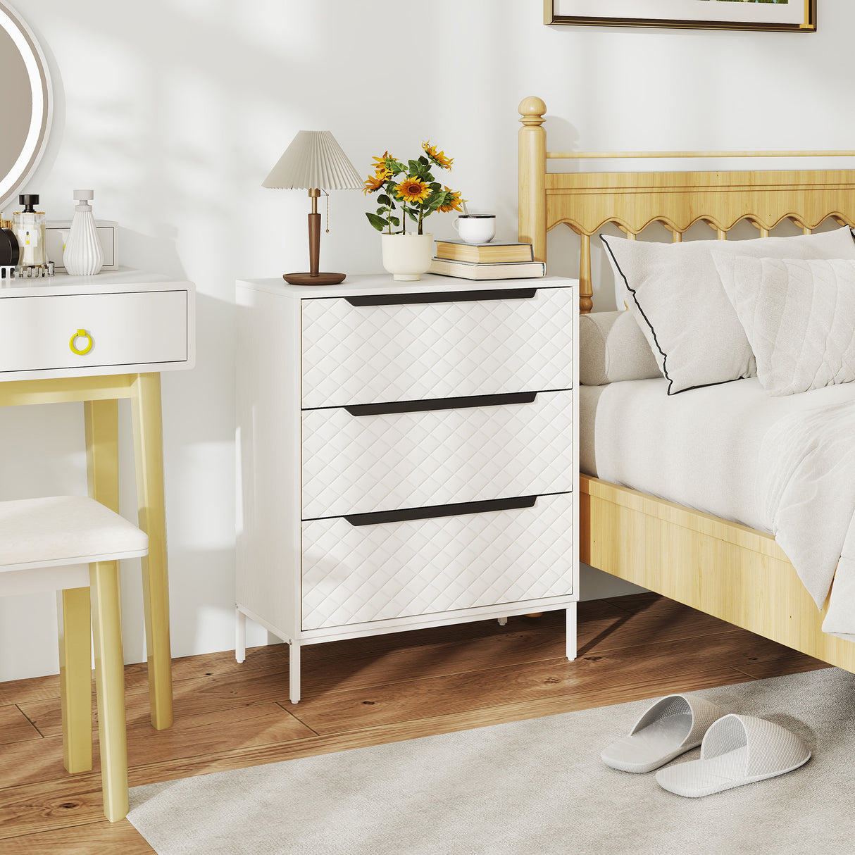 Wooden Chest Of 3 Fabric Drawers 59.5cm Wide - Velmora
