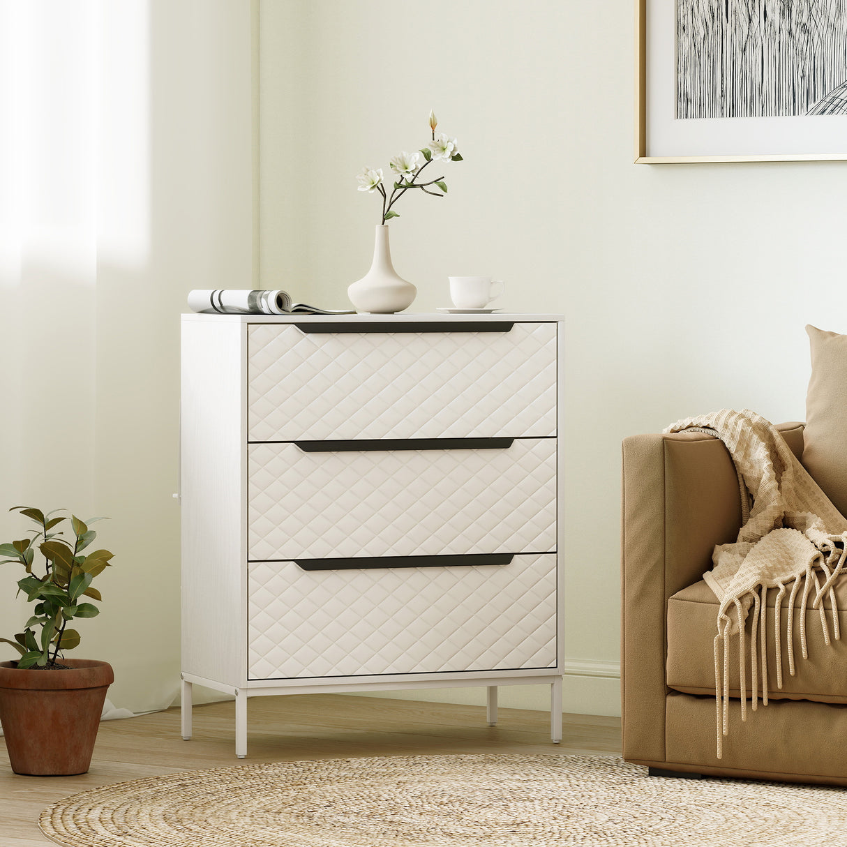 Wooden Chest Of 3 Fabric Drawers 59.5cm Wide - Velmora