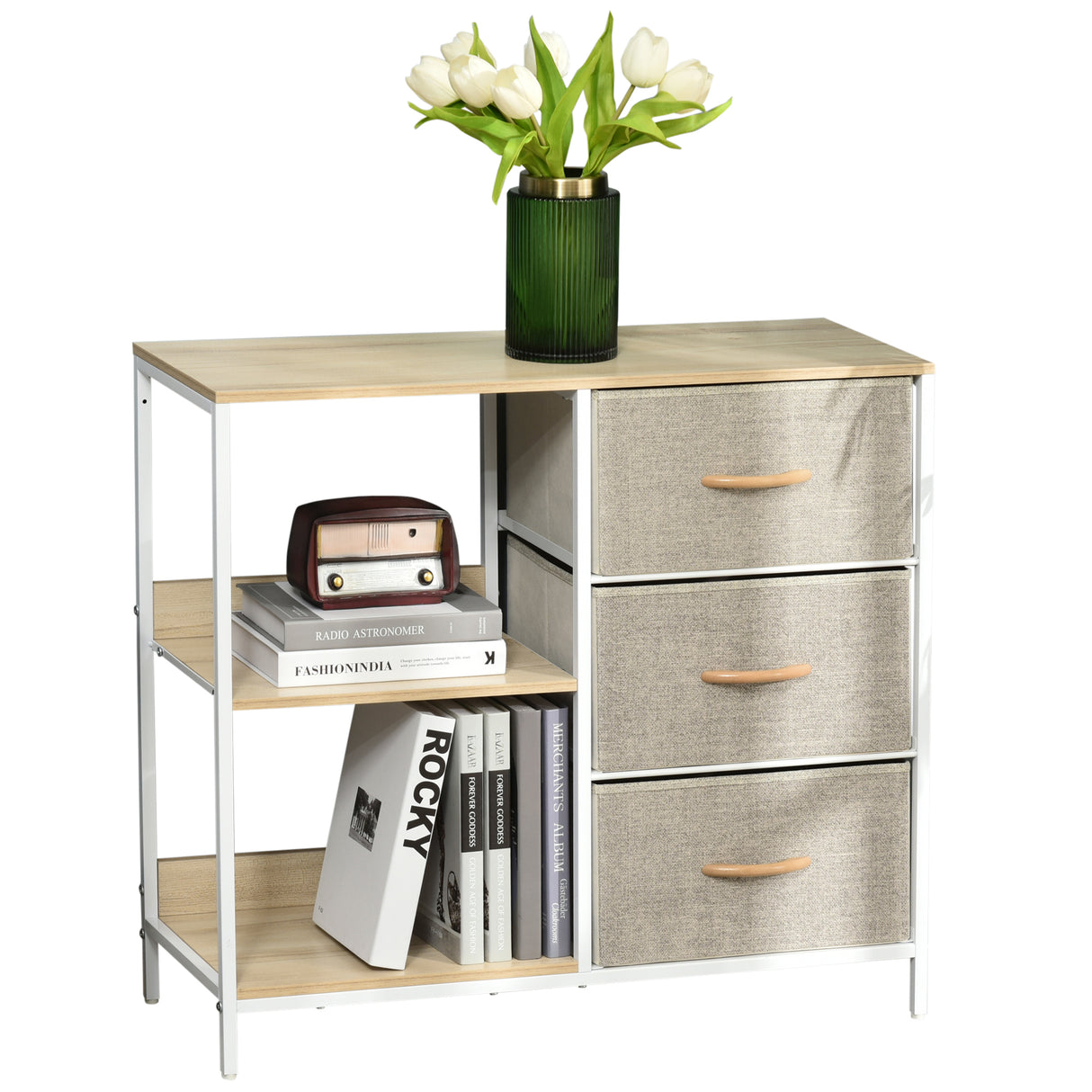 Wooden Chest Of 3 Fabric Drawers 80cm Wide With Steel Frame - Velmora