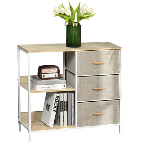 Wooden Chest Of 3 Fabric Drawers 80cm Wide With Steel Frame - Velmora