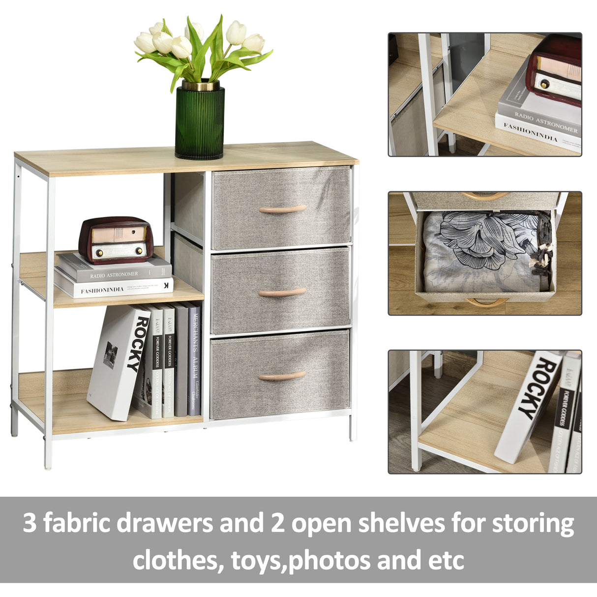 Wooden Chest Of 3 Fabric Drawers 80cm Wide With Steel Frame - Velmora