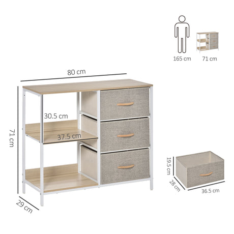 Wooden Chest Of 3 Fabric Drawers 80cm Wide With Steel Frame - Velmora