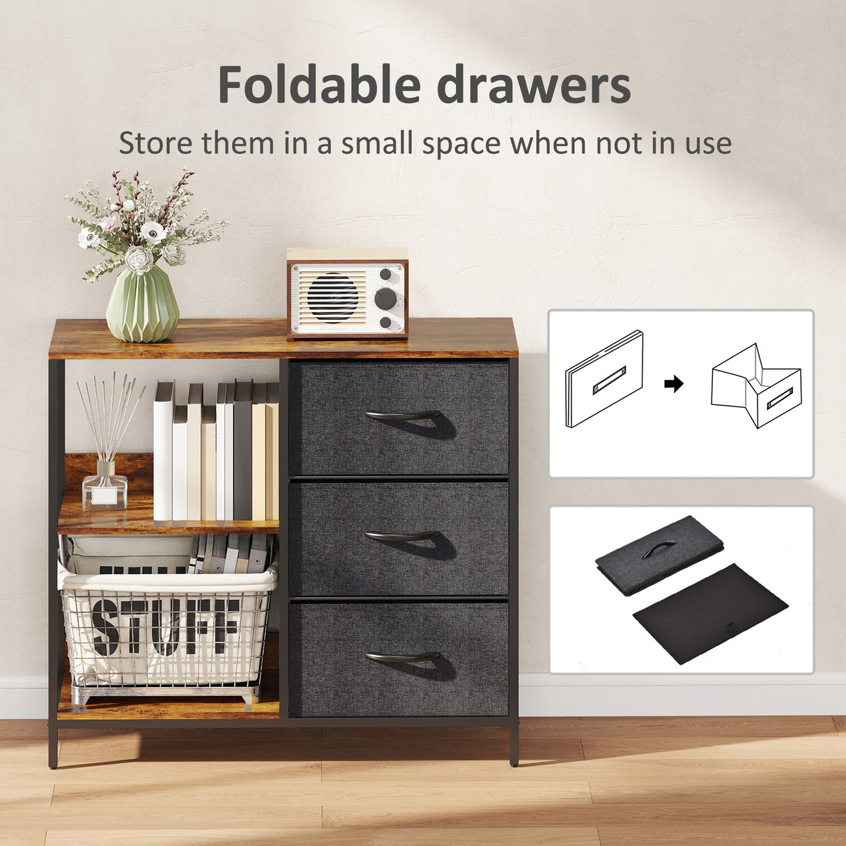 Wooden Chest Of 3 Fabric Drawers 80cm Wide With Steel Frame - Velmora