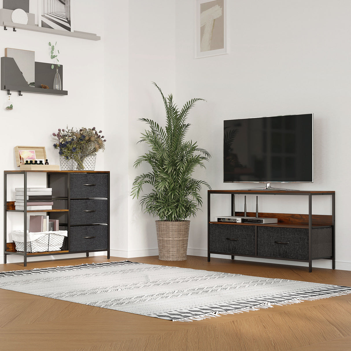 Wooden Chest Of 3 Fabric Drawers 80cm Wide With Steel Frame - Velmora