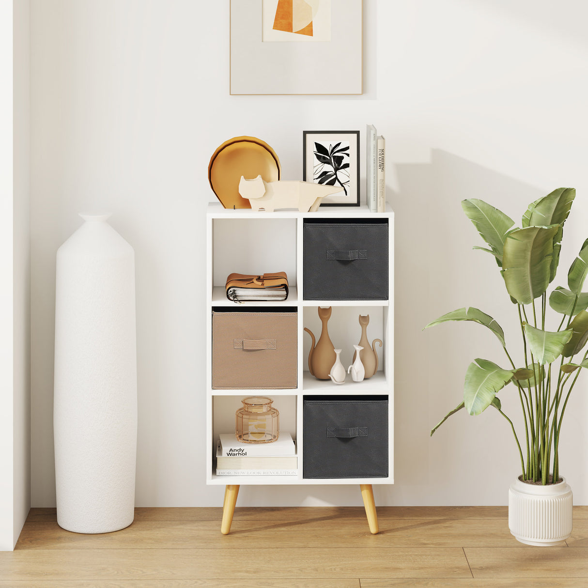 Wooden Chest Of 3 Fabric Drawers 95cm Wide With 6 Cube - Velmora