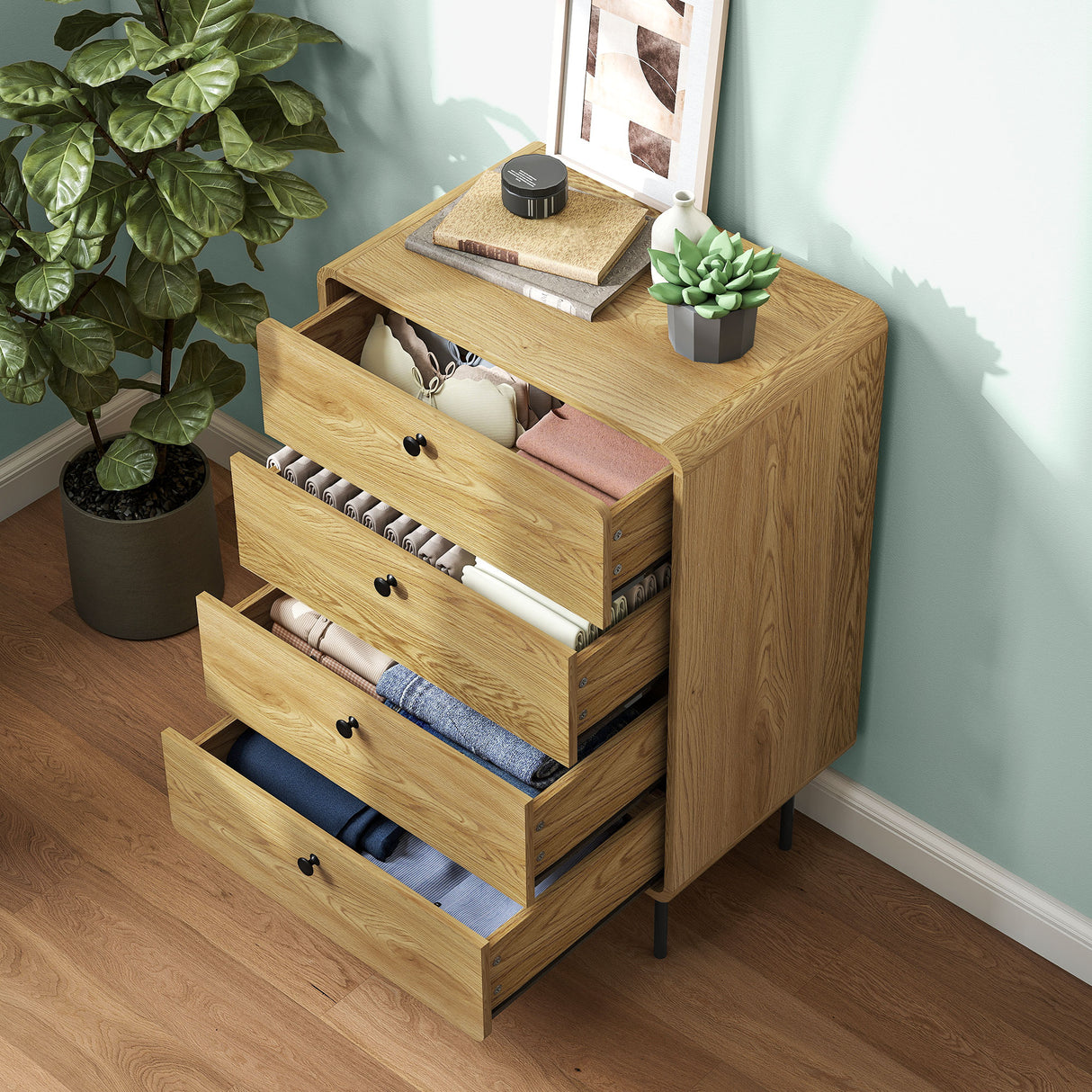 Wooden Chest Of 4 Drawers 60cm Wide With Black Metal Legs - Velmora