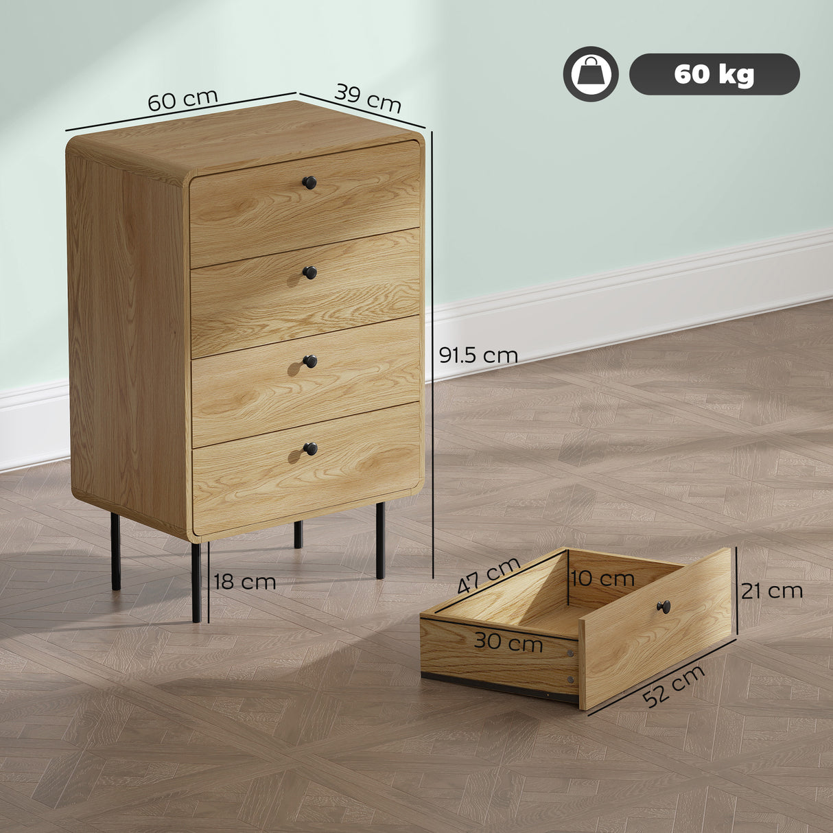 Wooden Chest Of 4 Drawers 60cm Wide With Black Metal Legs - Velmora