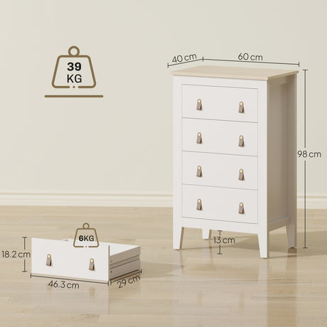 Wooden Chest Of 4 Drawers 60cm Wide With Leather Handles - Velmora