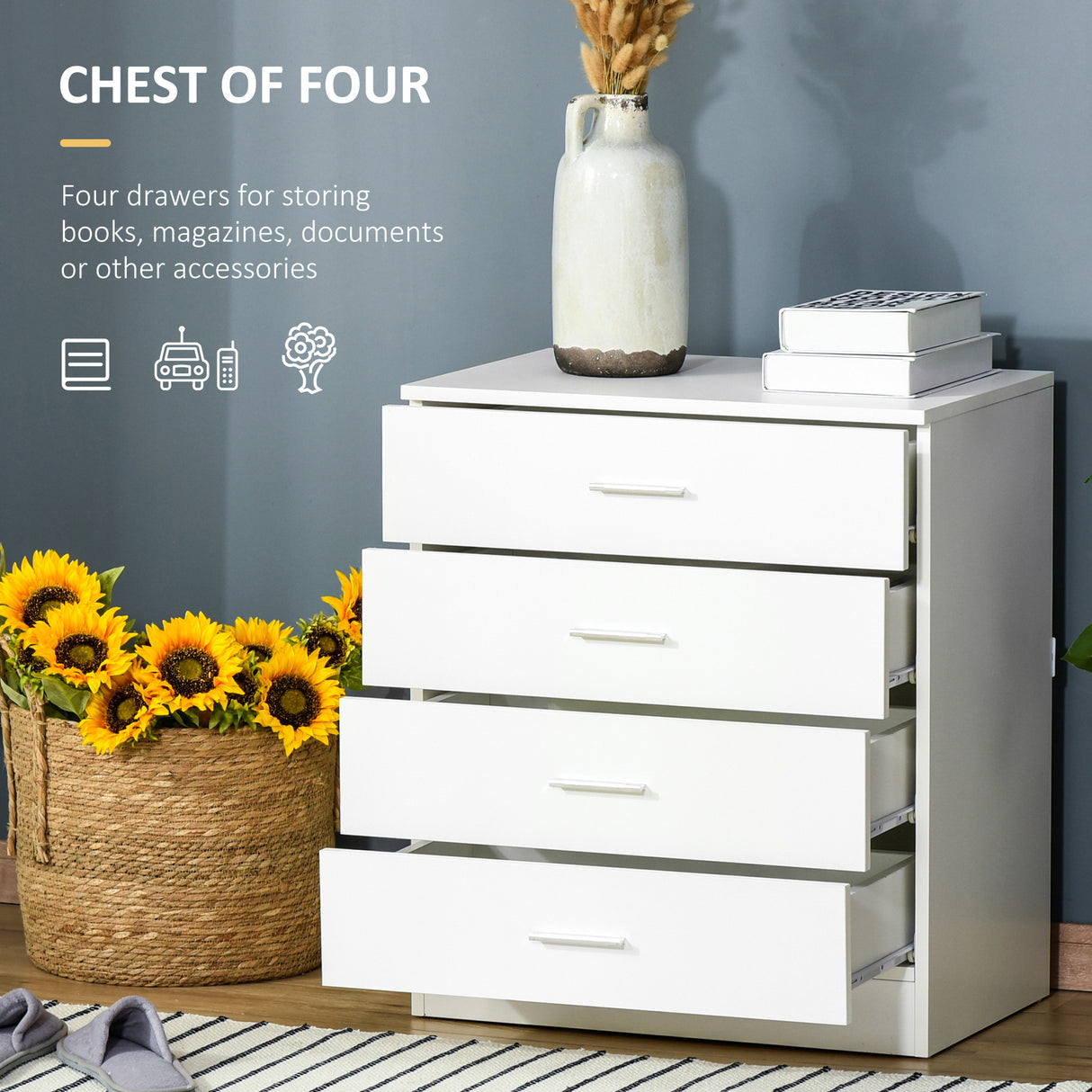 Wooden Chest Of 4 Drawers 60cm Wide With Metal Rails - Velmora
