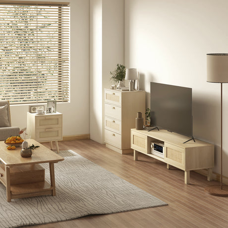 Wooden Chest Of 4 Drawers 60cm Wide With Rattan Weave Panel - Velmora