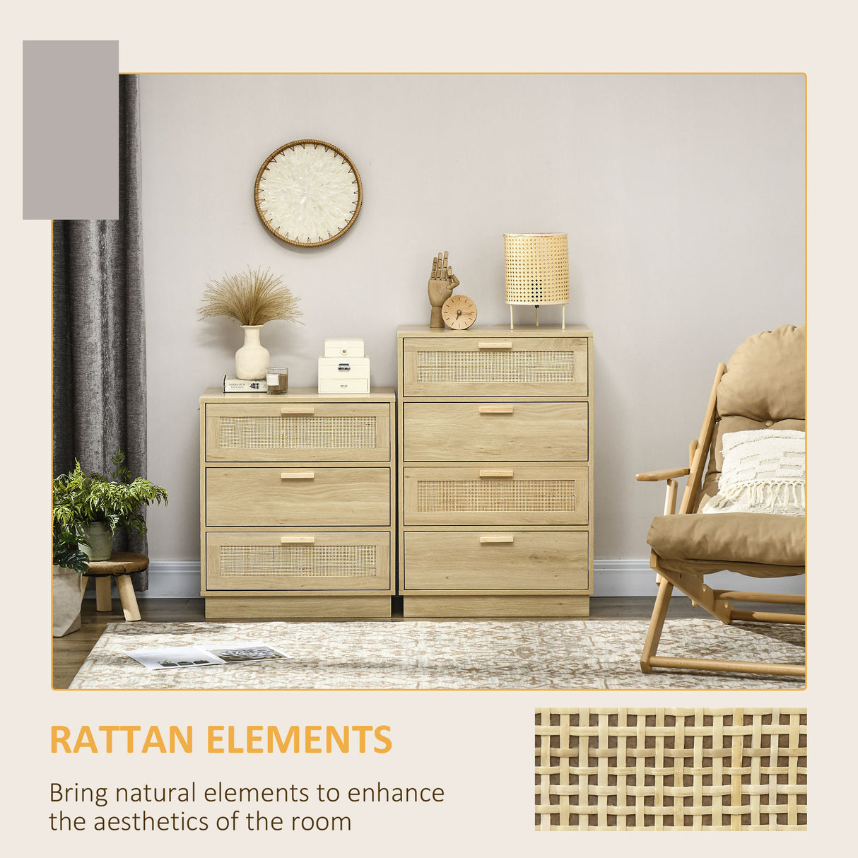 Wooden Chest Of 4 Drawers 60cm Wide With Rattan Weave Panel - Velmora