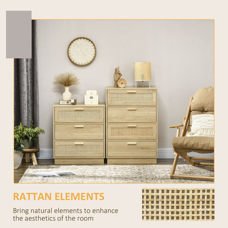 Wooden Chest Of 4 Drawers 60cm Wide With Rattan Weave Panel - Velmora