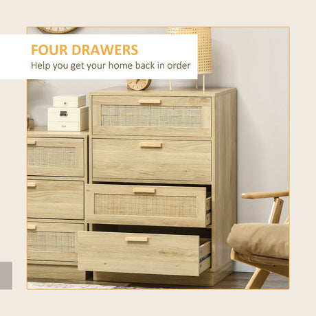 Wooden Chest Of 4 Drawers 60cm Wide With Rattan Weave Panel - Velmora