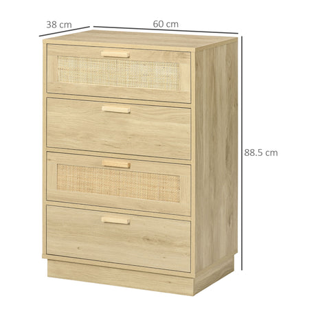 Wooden Chest Of 4 Drawers 60cm Wide With Rattan Weave Panel - Velmora