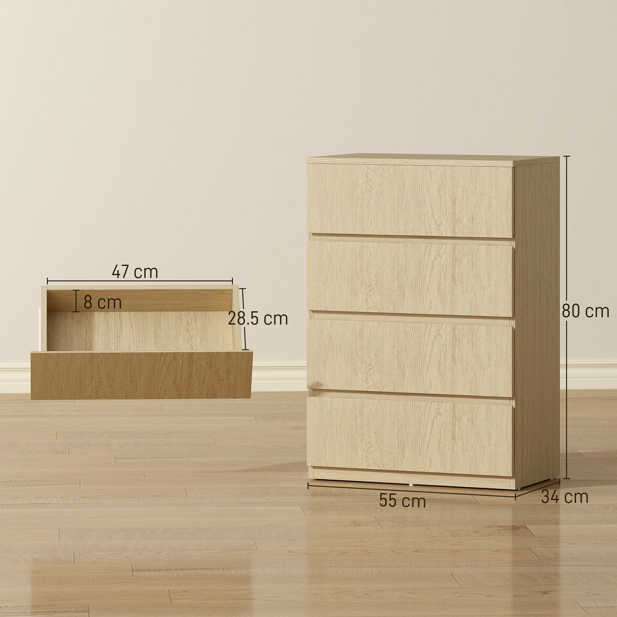 Wooden Chest Of 4 Drawers 80cm H x 55cm W x 34cm D - Velmora