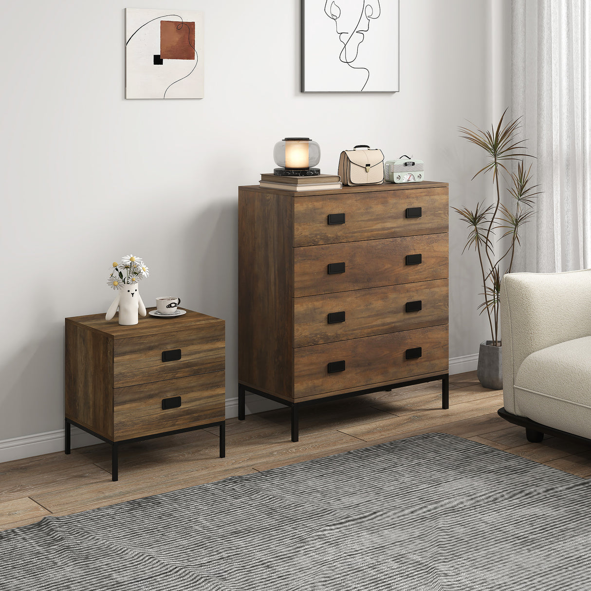 Wooden Chest Of 4 Drawers 80cm Wide With Bedside Cabinet 45cm Wide - Velmora