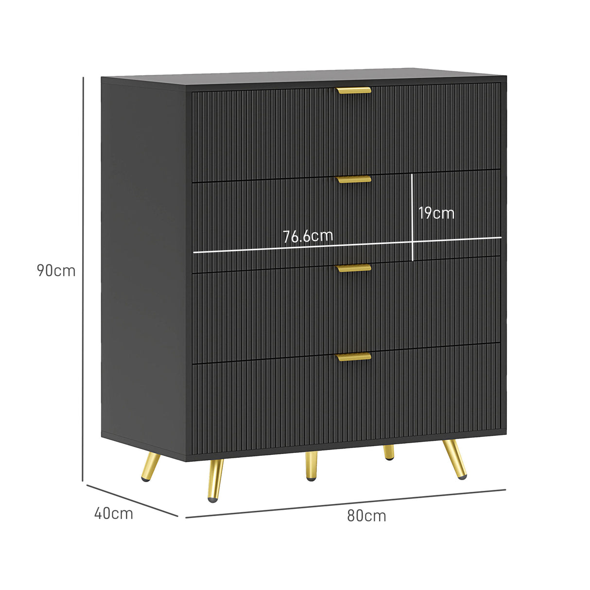 Wooden Chest Of 4 Drawers 80cm Wide With Gold Handles - Velmora